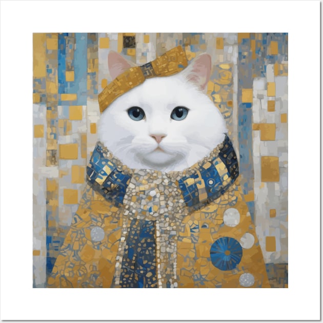 White Klimt Cat with Blue Eyes and Knitted Scarf Wall Art by bragova